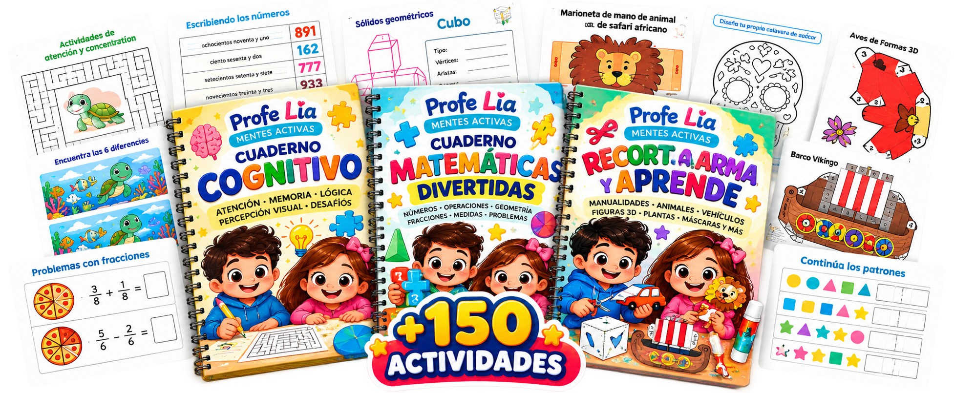Colección Mentes Activas con los tres cuadernos y ejemplos de actividades